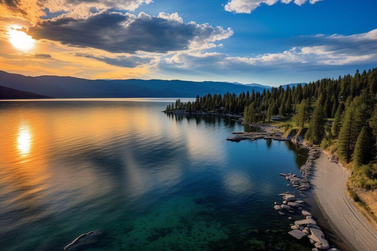 A crystal-clear lake in Montana during the golden hour. 