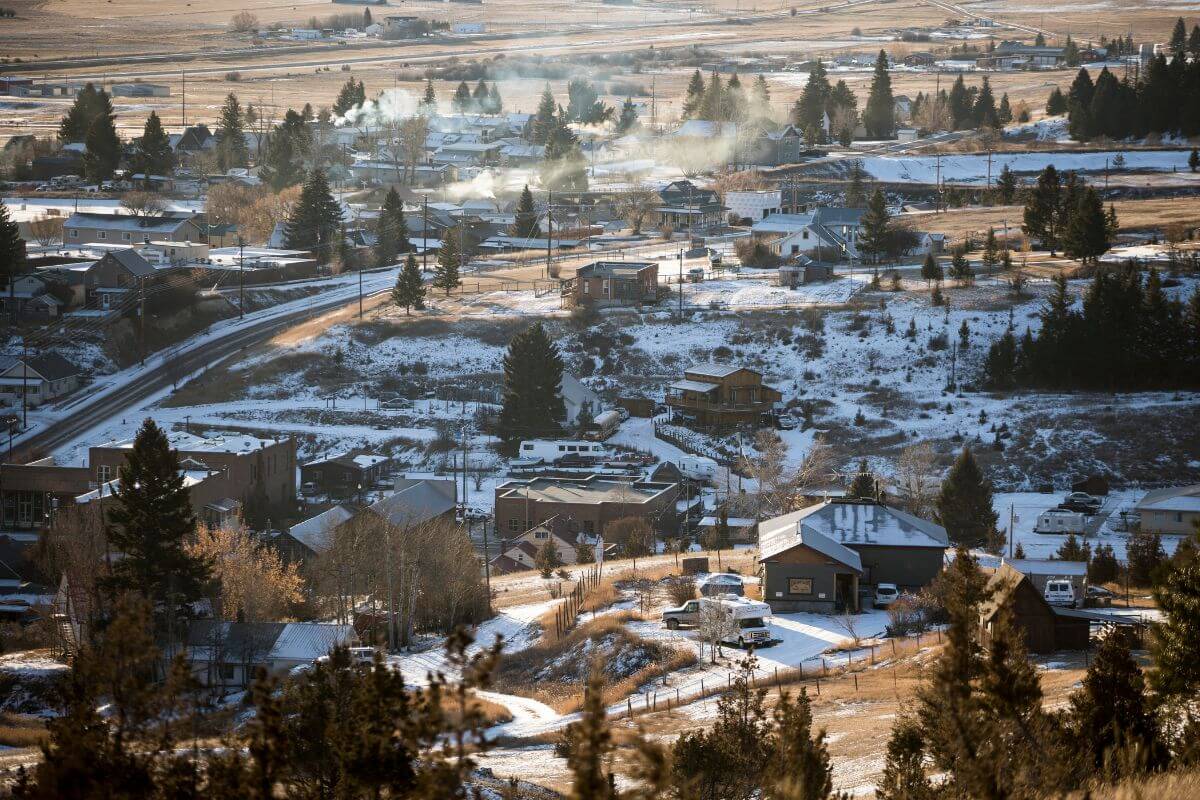 An aerial view of a small Montana town in winter.