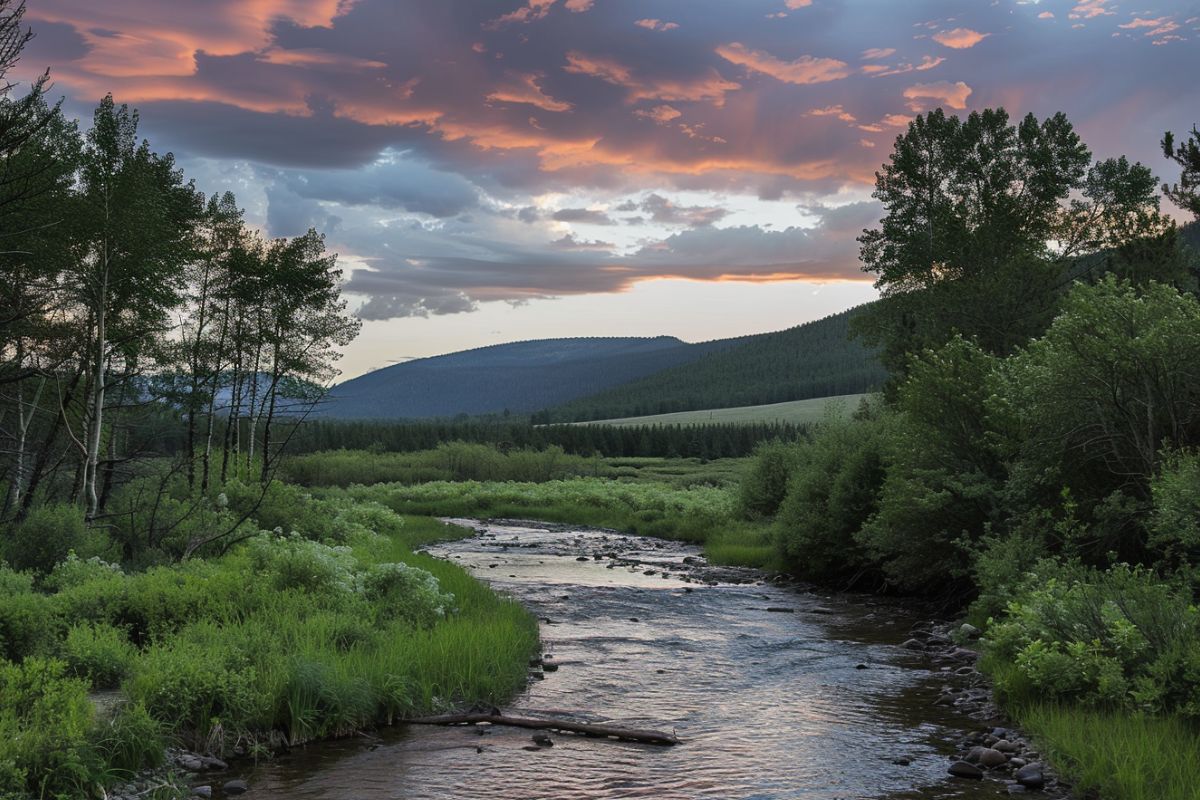 Pintler creek winds through a green landscape with a colorful sunset and forested hills in Montana.