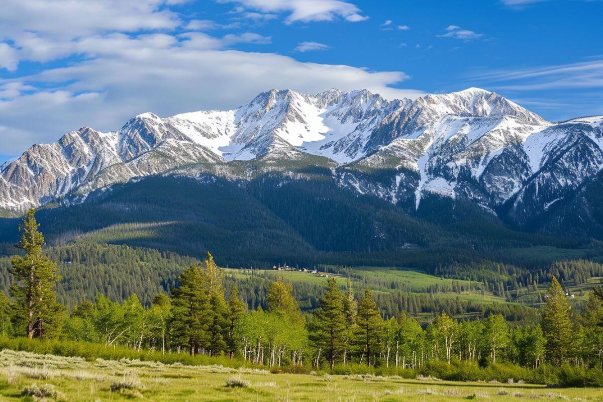 A scenic mountain range in Montana capped with snow.