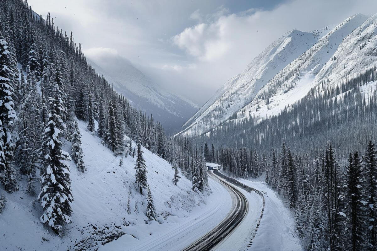 A snowy mountain road in Montana surrounded with trees.