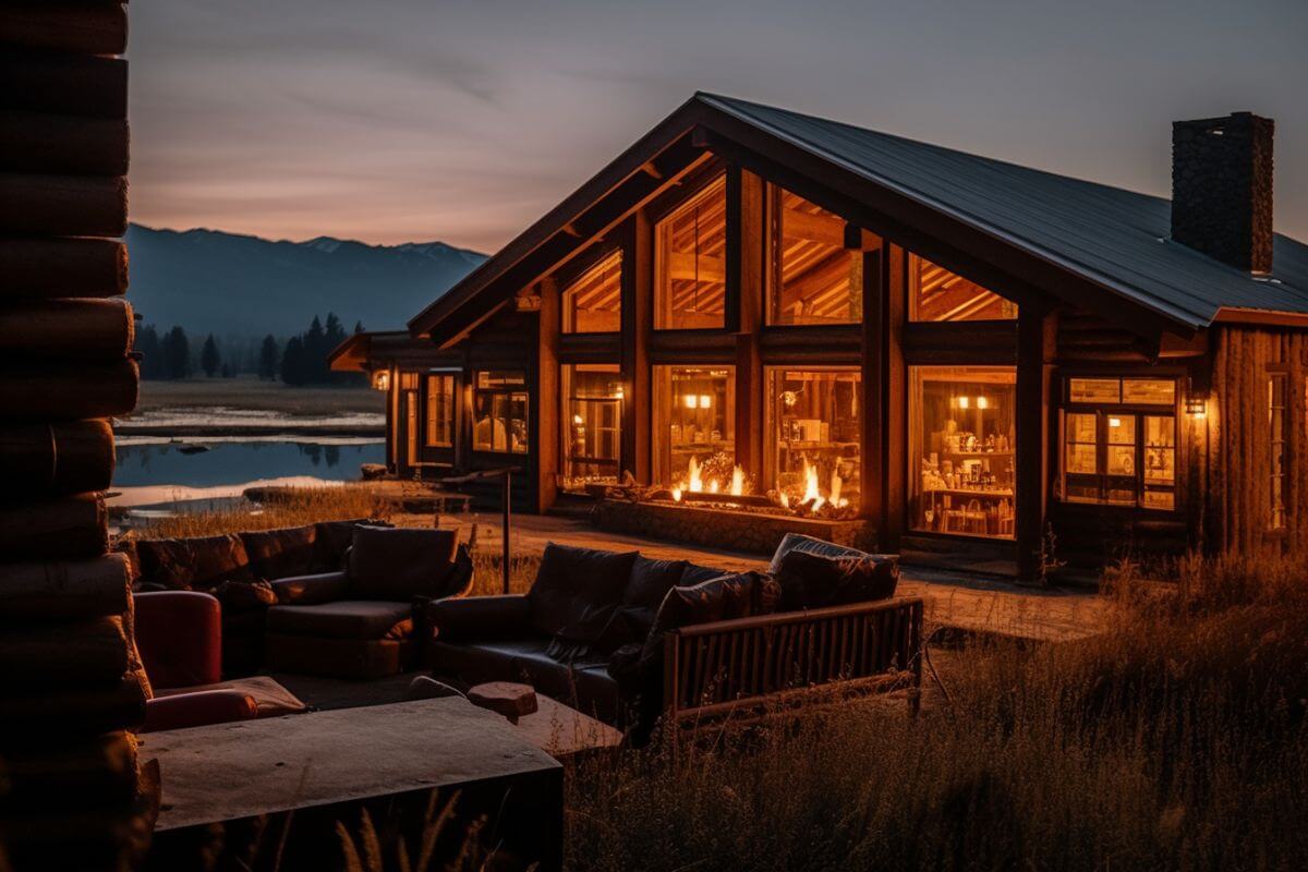 A romantic log cabin nestled in the serene landscape of Montana.