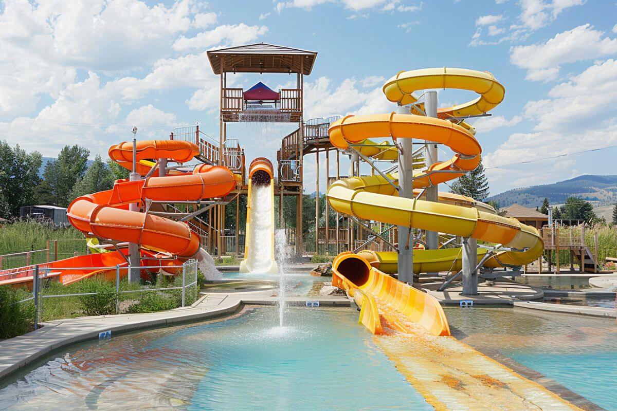 Exhilarating orange and yellow water slides that lead directly to a large pool, as seen at Splash Montana.