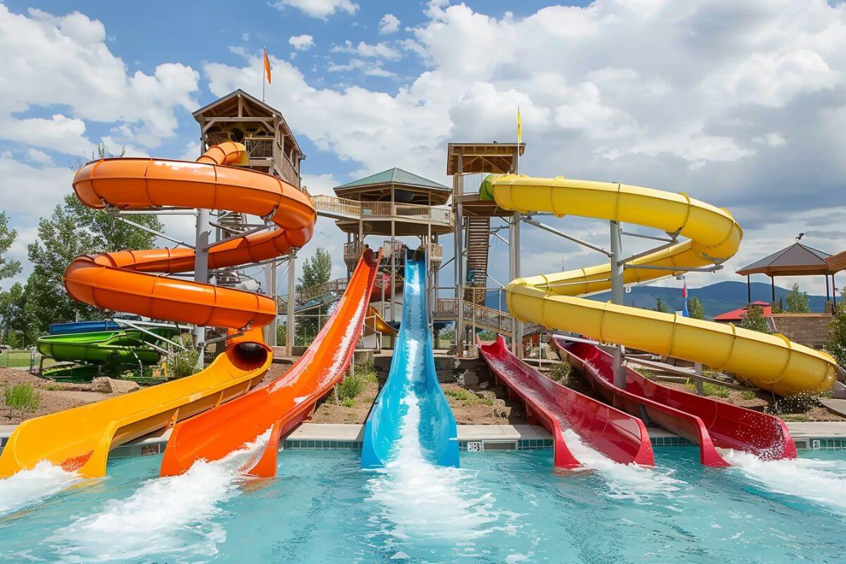 Water slides of different colors and shapes at Splash Montana in Missoula