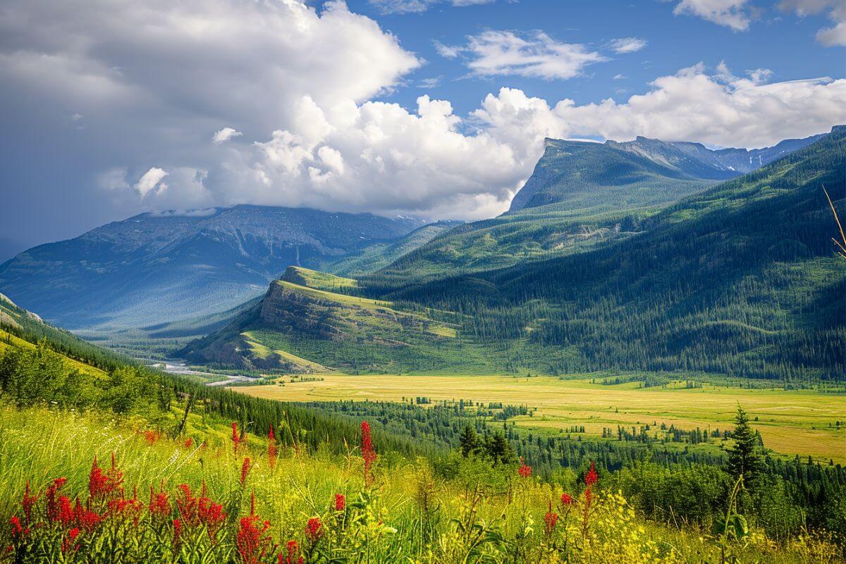 A picturesque Montana valley adorned with vibrant red flowers amid majestic mountains.