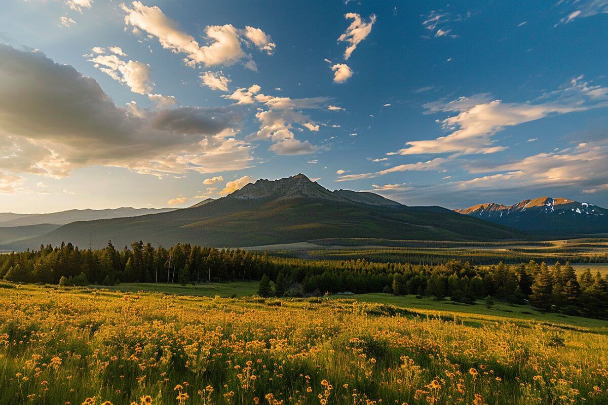A meadow in Montana during the summer, adorned with vibrant yellow flowers and mountains in the background.