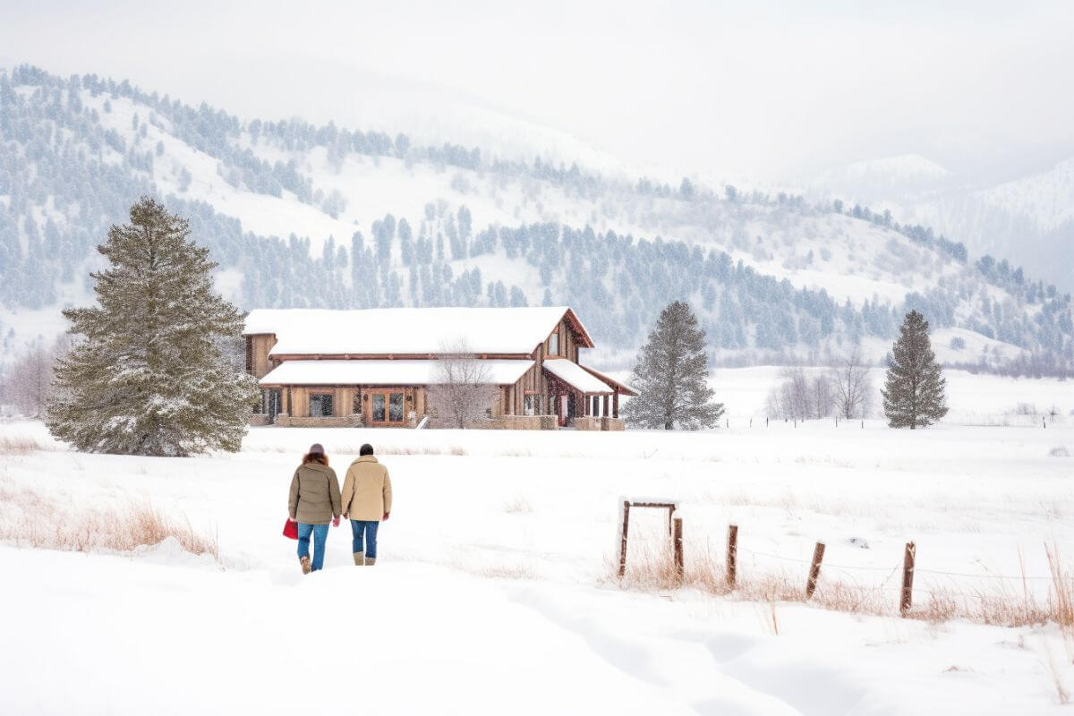 Two couples enjoying a romantic Montana ranch vacation in the snow.