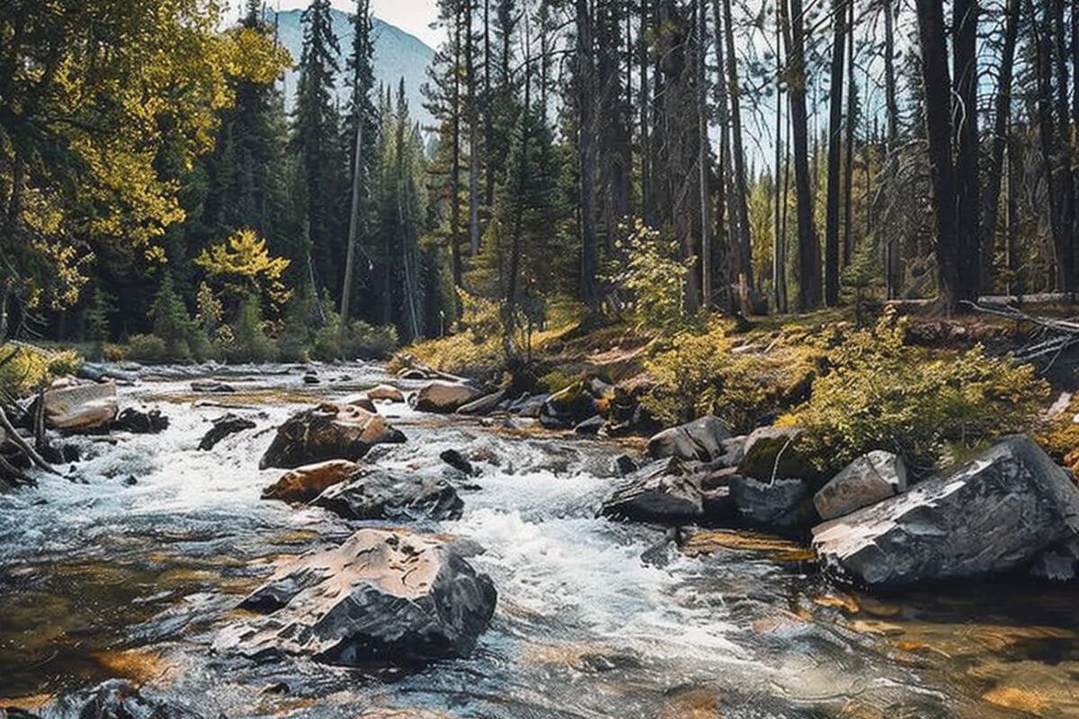 A peaceful forest scene featuring a river near Lange Falls in Montana. 
