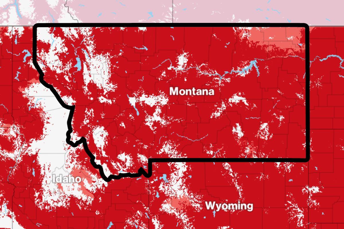A map displaying the cellular coverage of Verizon in Montana.