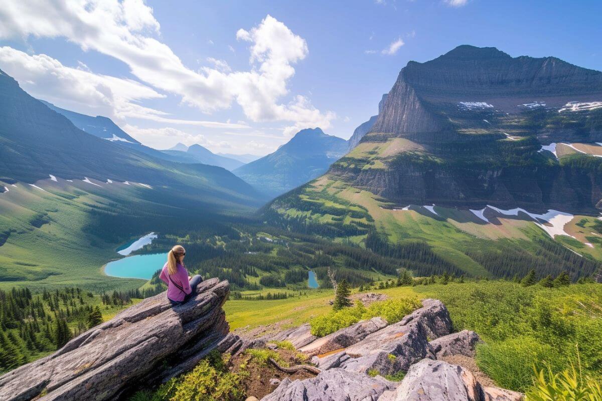 A woman sits on a rock overlooking a lake in Glacier National Park, Montana.