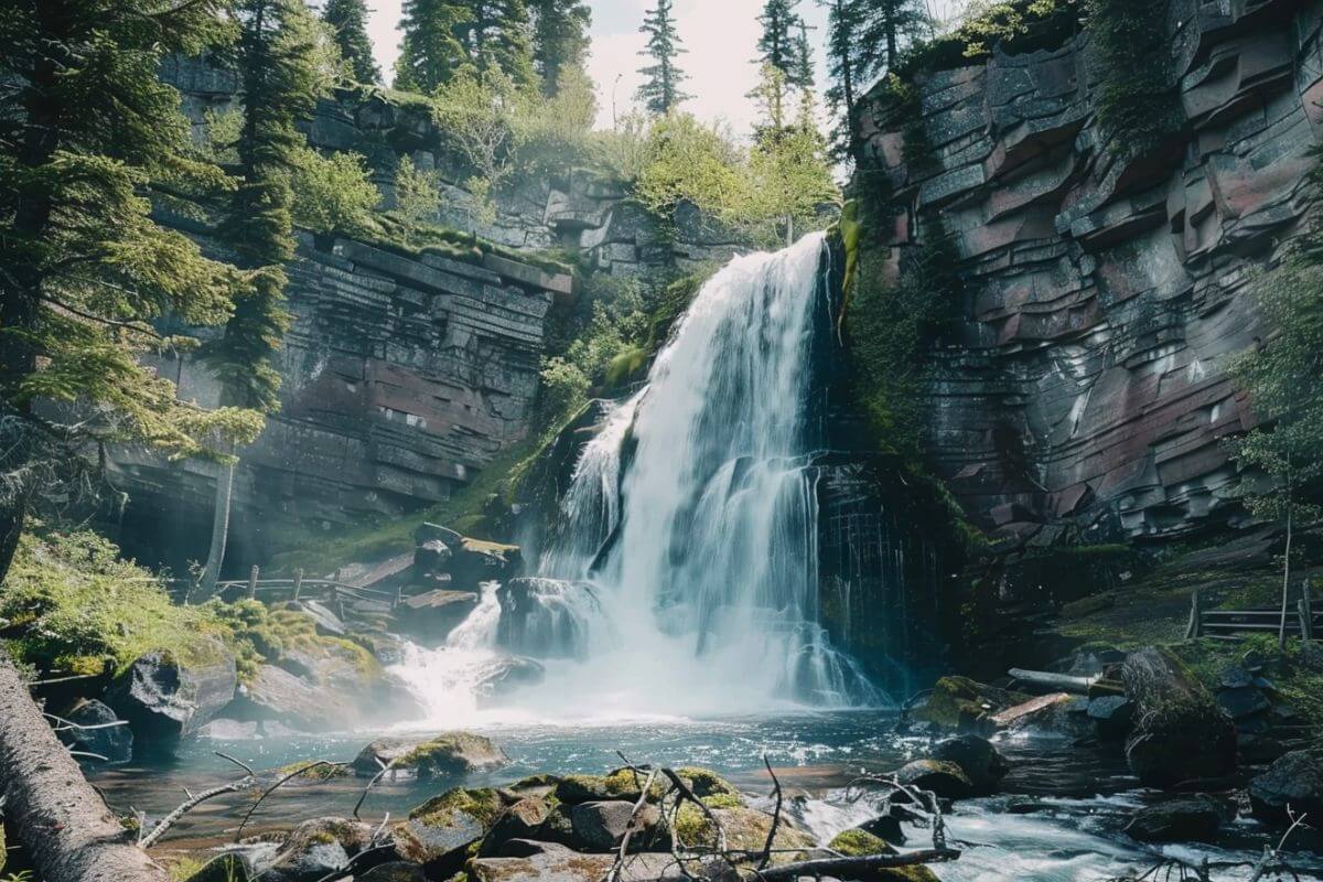 Akaiyan Falls as seen from the Sperry Trail in Glacier National Park
