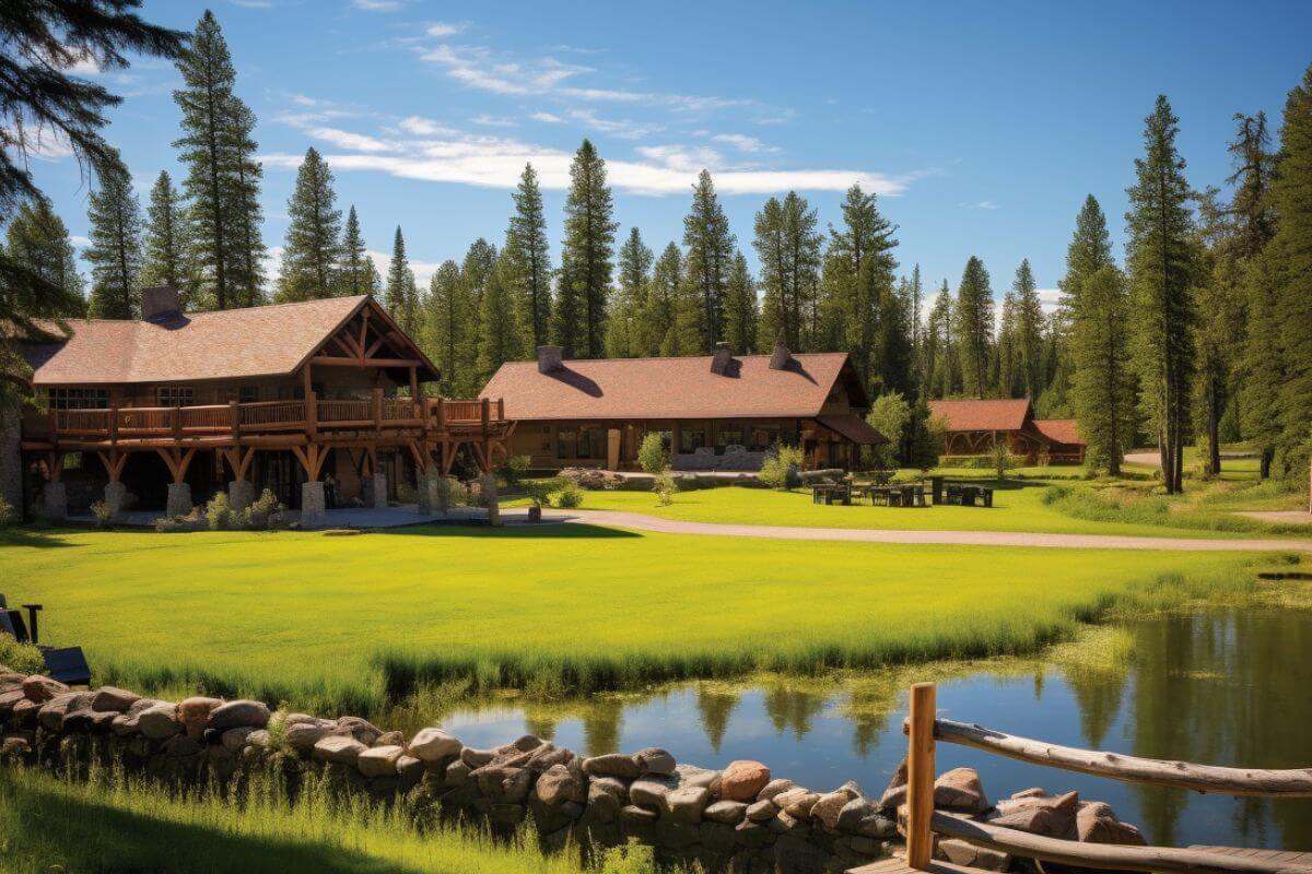 A lodge with a picturesque pond in the middle of a grassy field at The Resort at Paws Up, Montana.