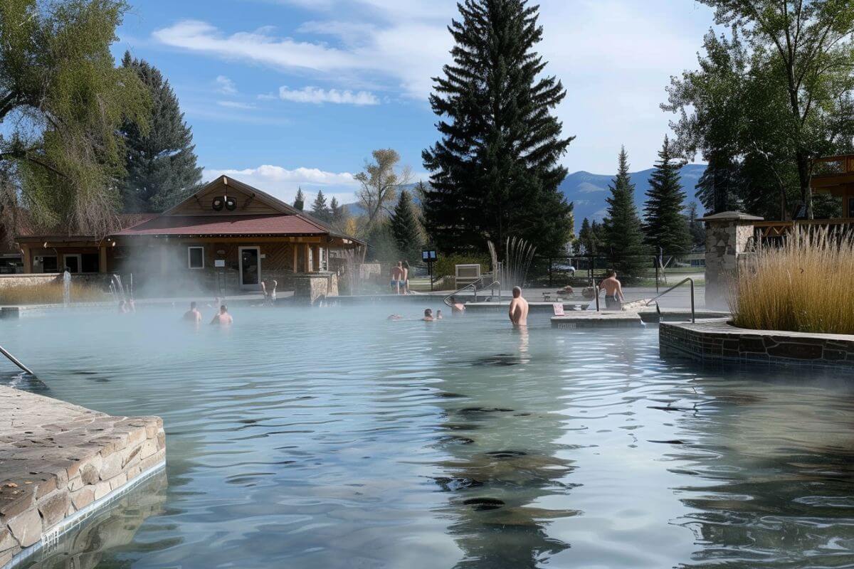 A group of people enjoying the hot springs at Bozeman Hot Springs, Montana.
