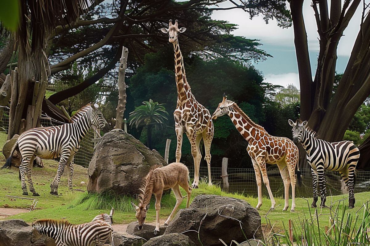 Giraffes and Zebras in their enclosure at ZooMontana in Billings.