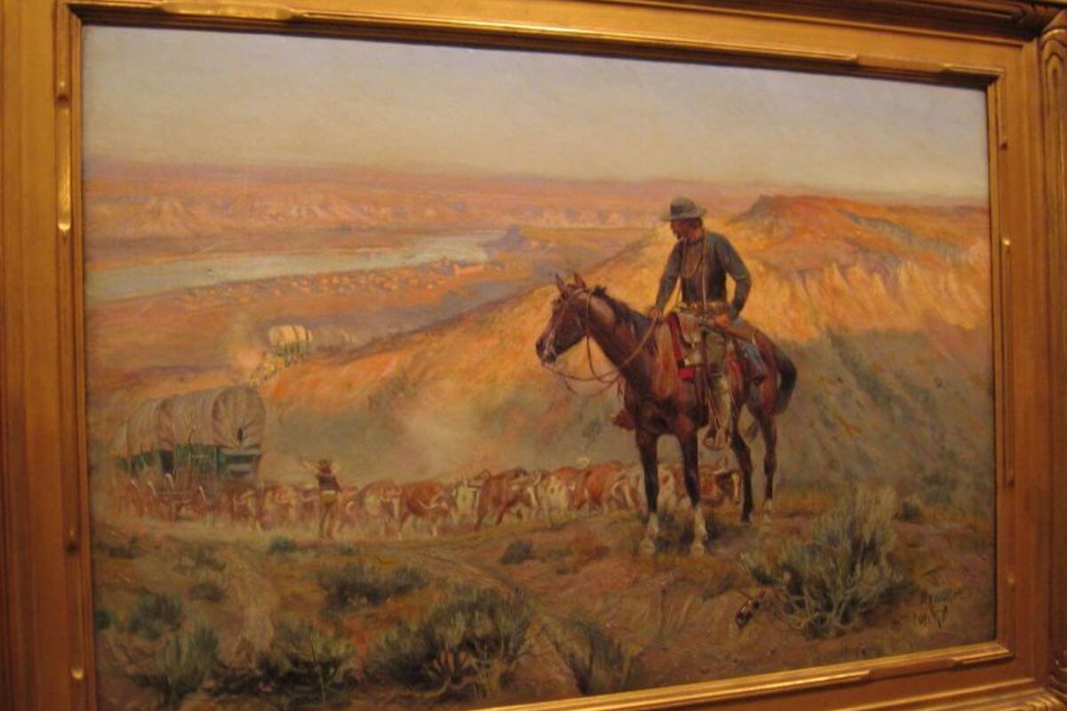 A painting of a cowboy riding on horseback from the C.M. Russell Museum, Montana.