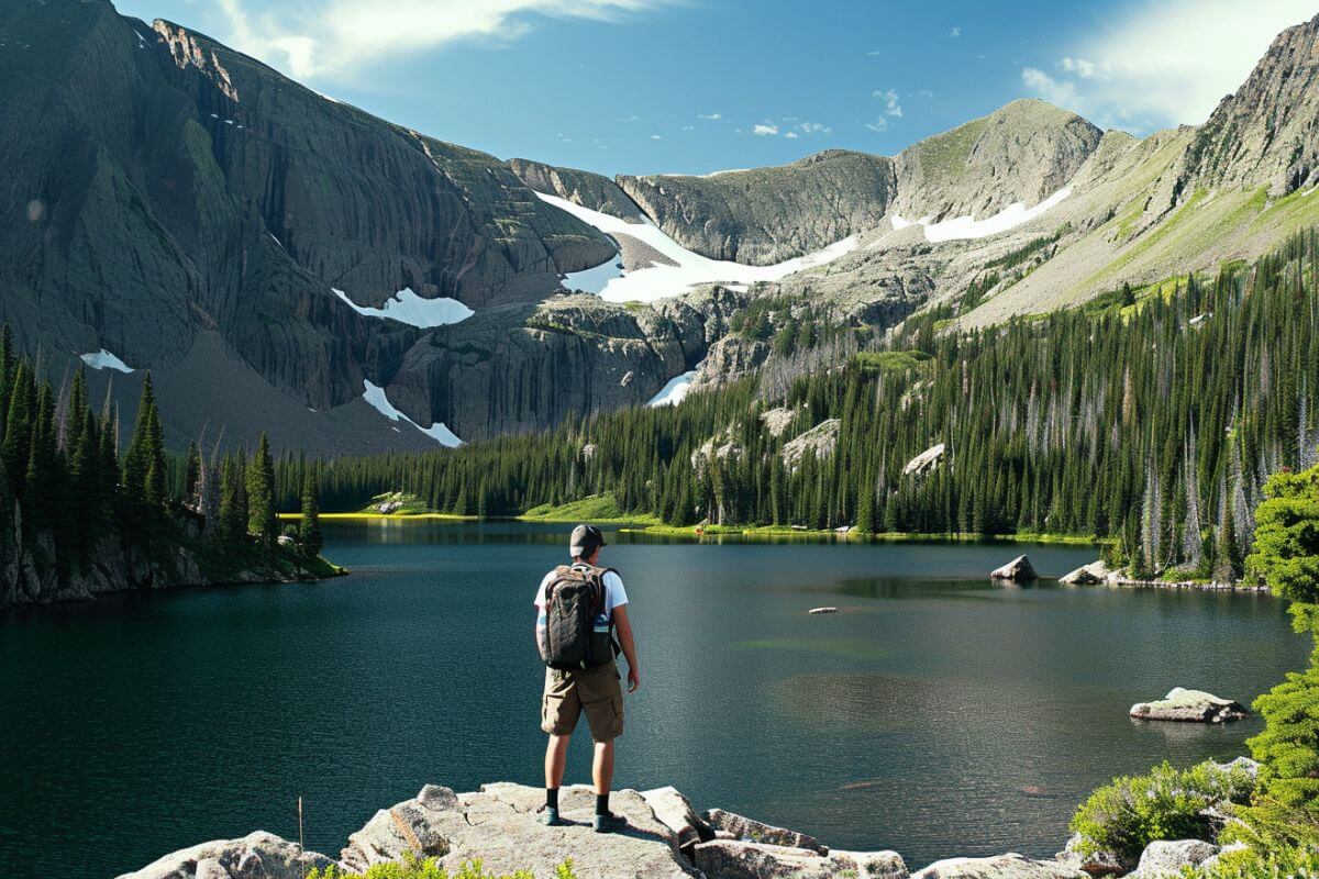 A tourist is standing on a rock overlooking a lake in Montana.
