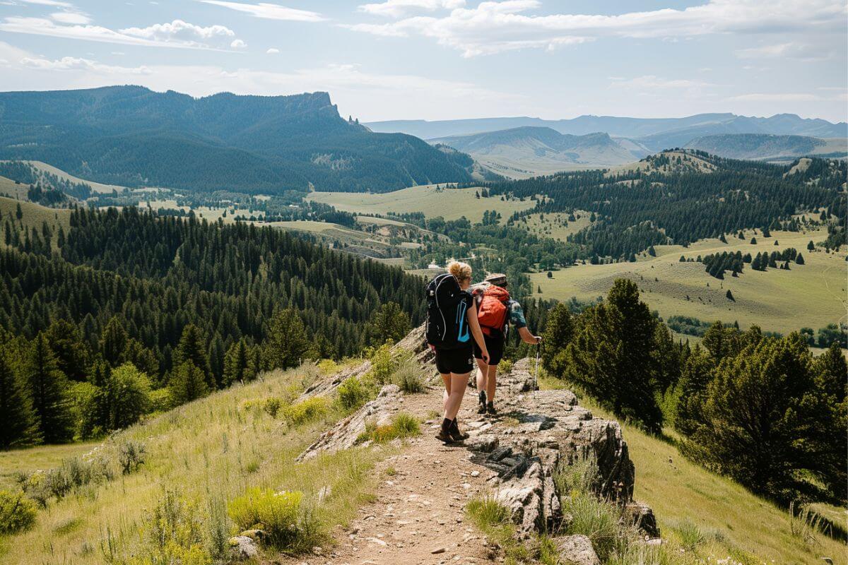 Two hikers hiking on the Drinking Horse Mountain Trail, Montana.