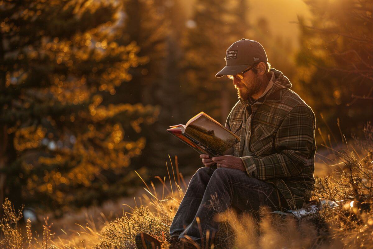 A man sits reading a book on Montana hunting regulations in a forest at sunset.