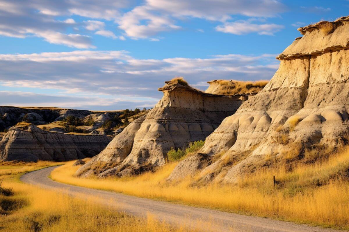 A road with badland formations in the background at Makoshika State Park, Montana.