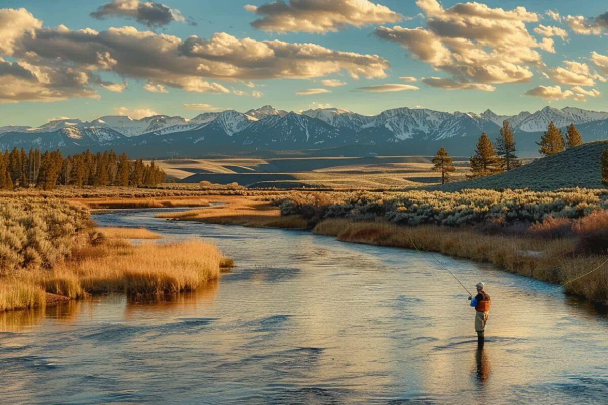 A man is fishing in a river in Yellowstone National Park with mountains in the background.
