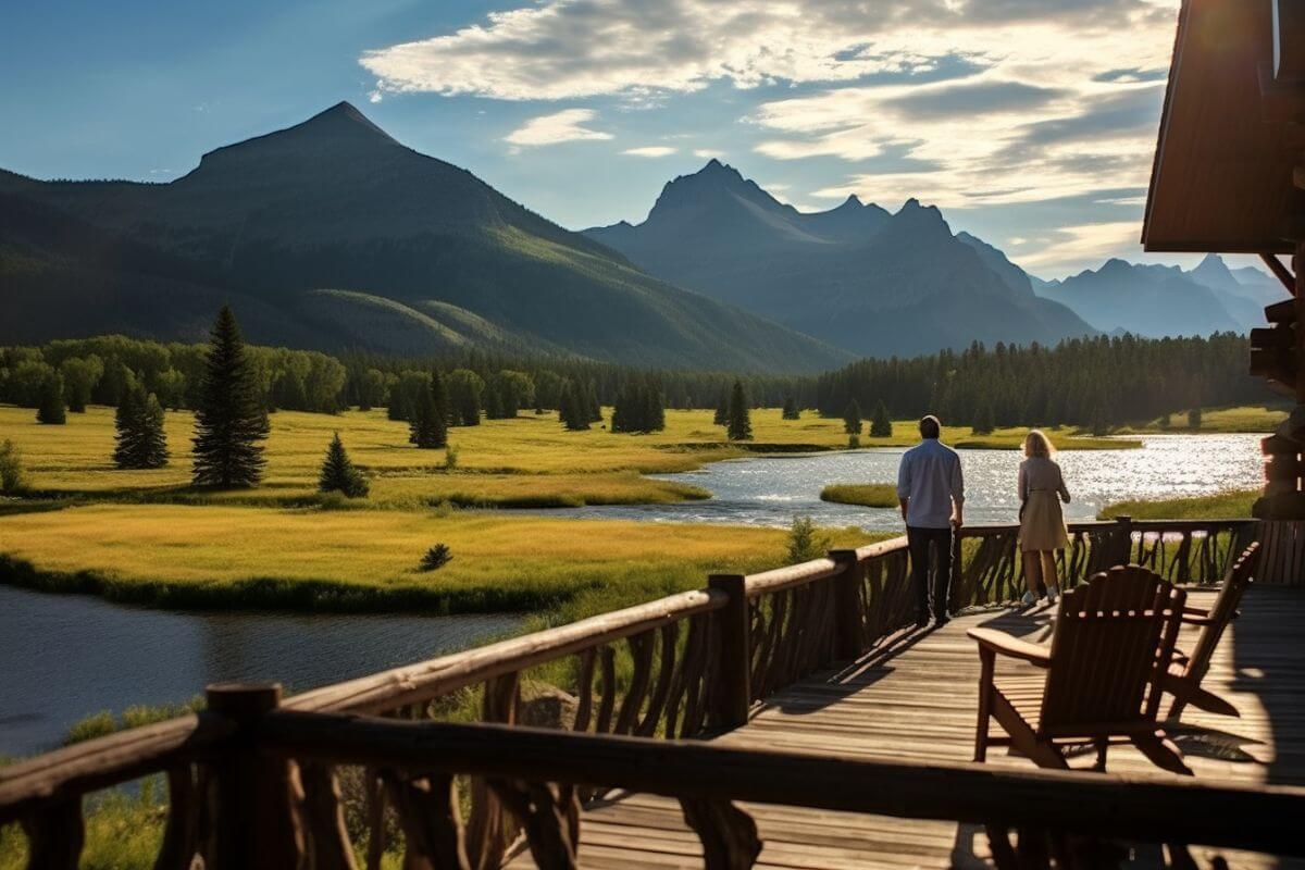 Two people enjoying the breathtaking view from a deck overlooking a picturesque lake and majestic mountains during their best Montana vacation.