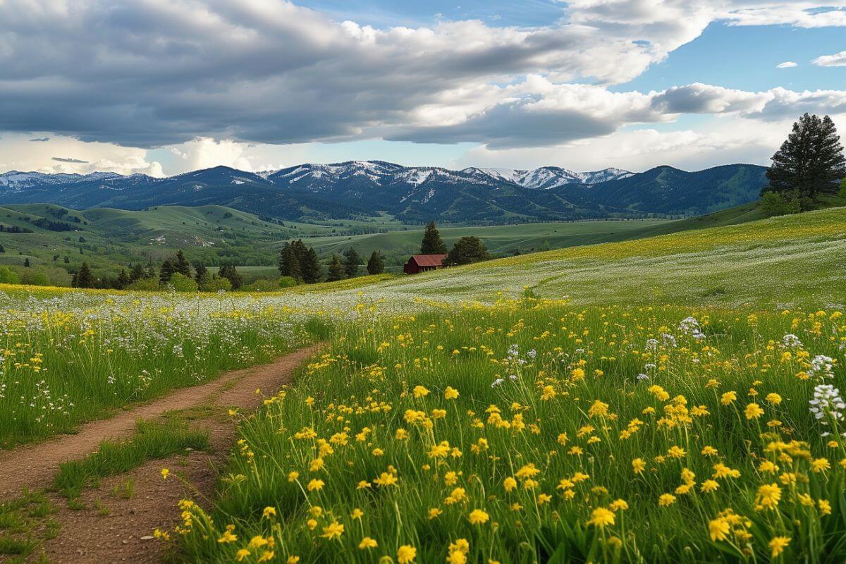 A path through a meadow adorned with yellow daffodils with mountains in the background in Montana.