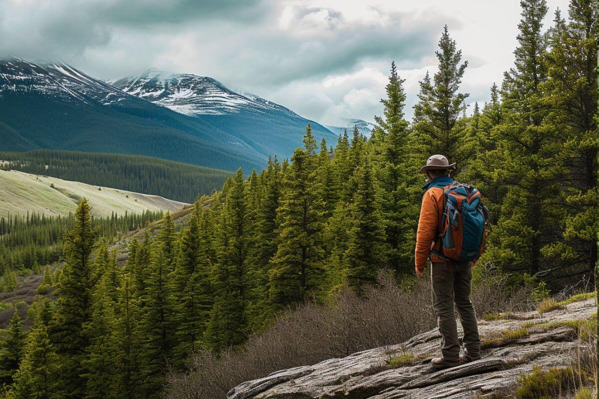 A man with a backpack standing on a rocky cliff overlooking a forest in Montana.