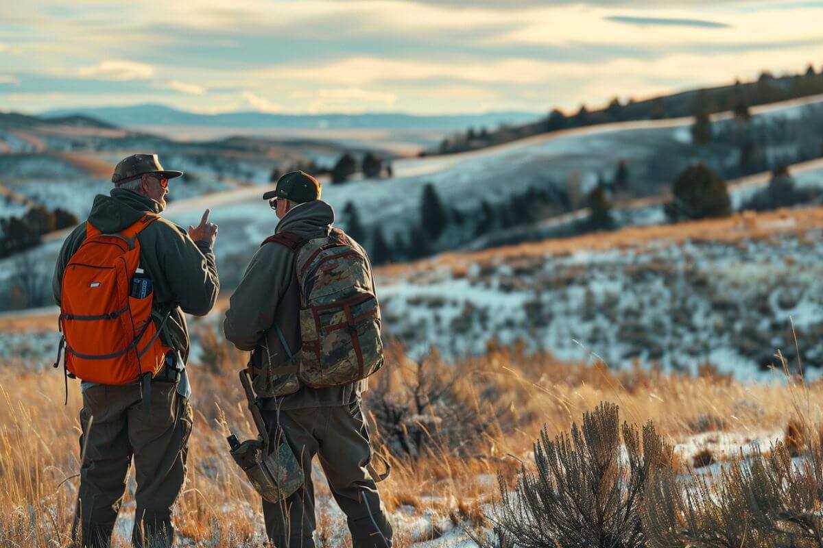 Two hunters standing in a snowy field discuss the do's and don'ts of deer hunting in Montana.