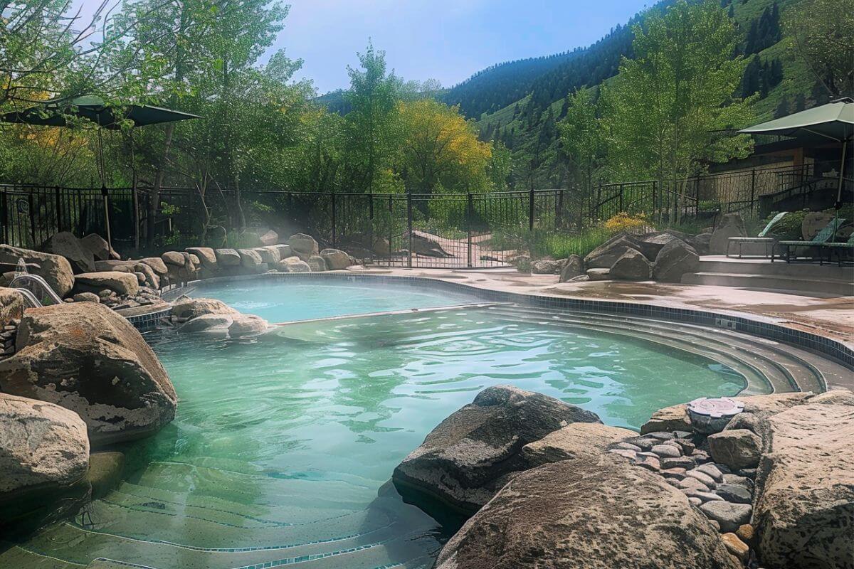 A picturesque view of the hot spring pools at Broadwater Hot Springs, surrounded by rocks and nestled within Montana's natural landscape.