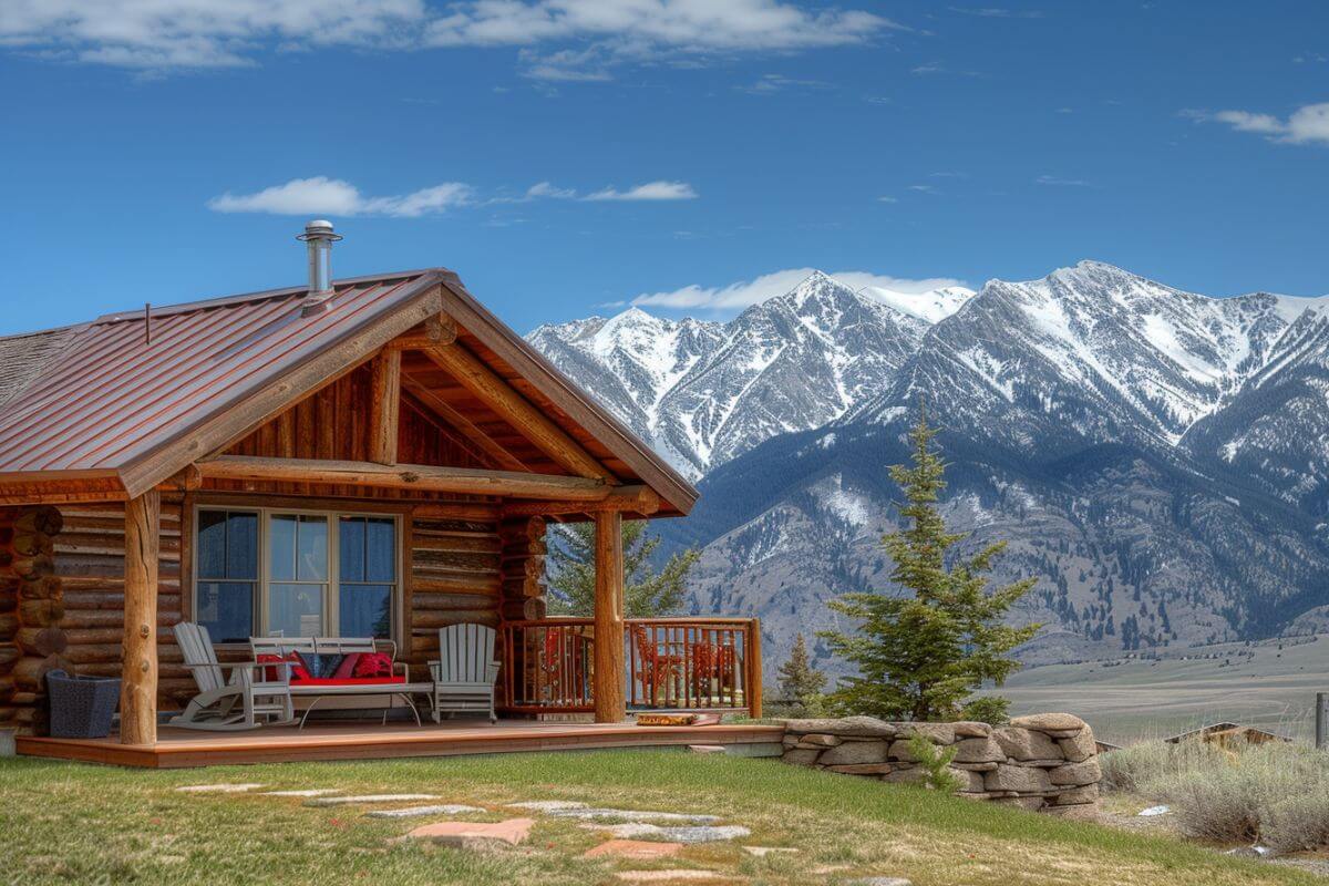 A log cabin in Montana with mountains in the background.