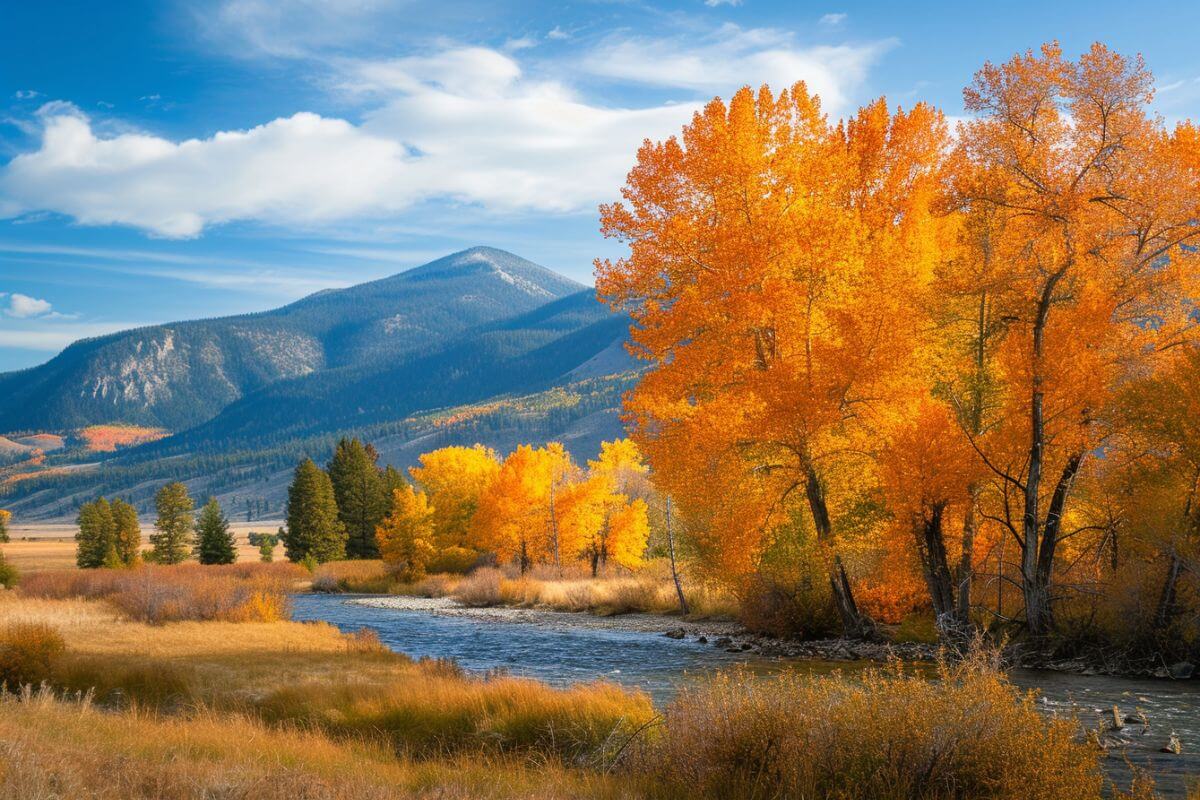 Scenic autumn landscapes in Montana featuring trees and mountains.