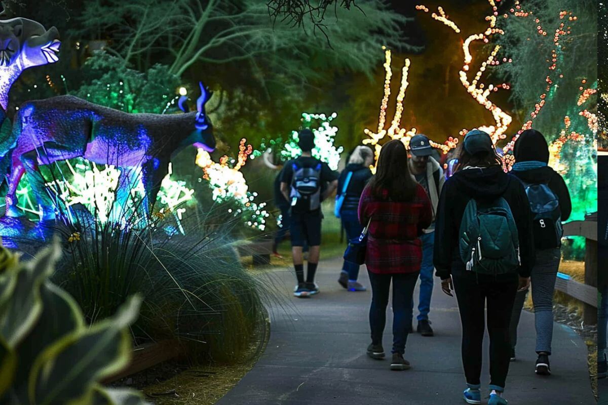 A group of people walking through ZooMontana at night during the Family Fun Nights event.