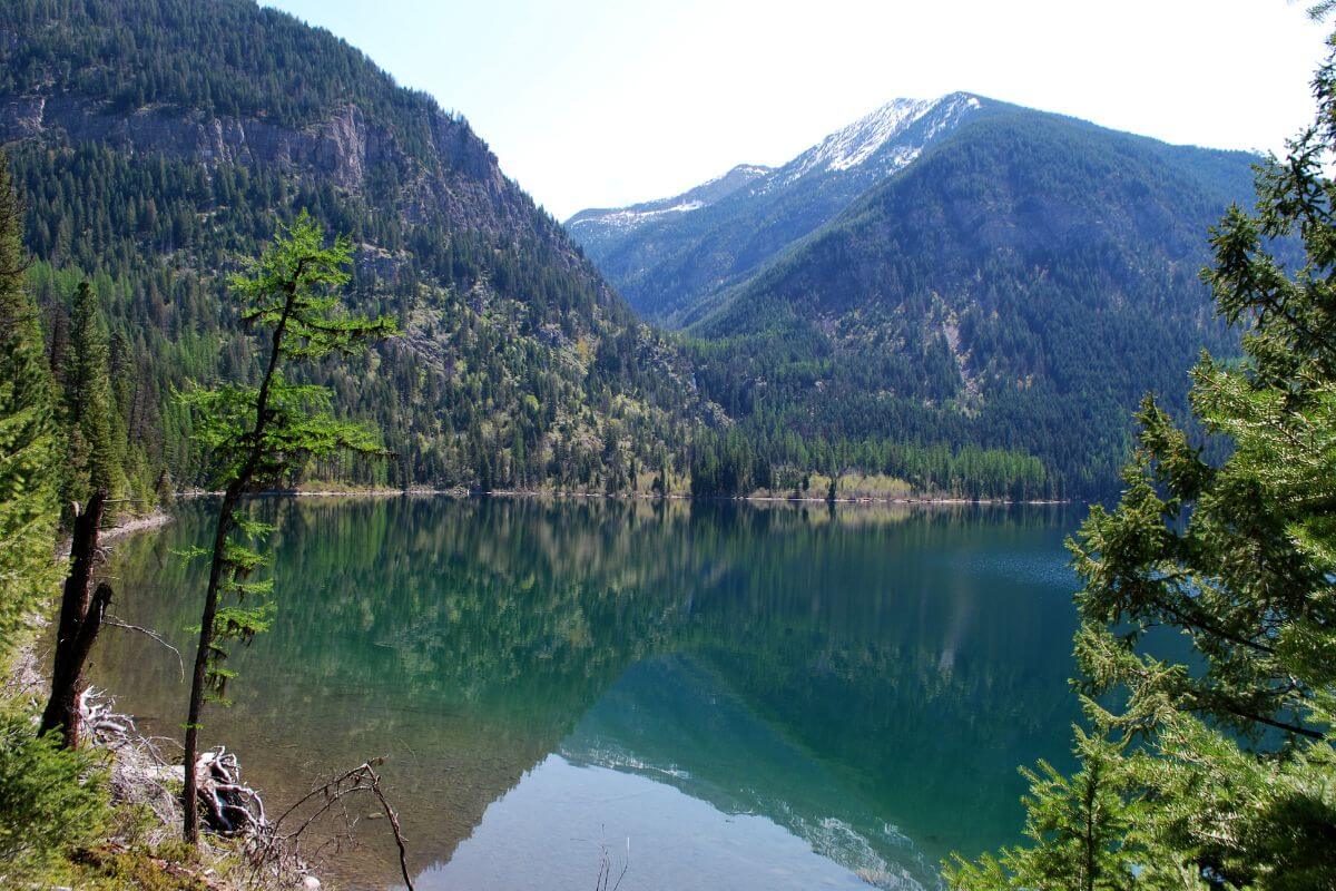 Holland Lake reflects the lush greenery and towering peaks under a clear blue sky in Montana.