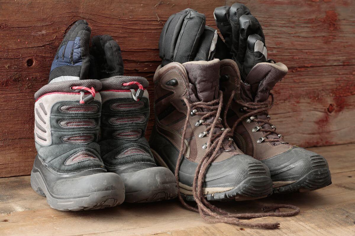 Two pairs of winter boots on a wooden floor.