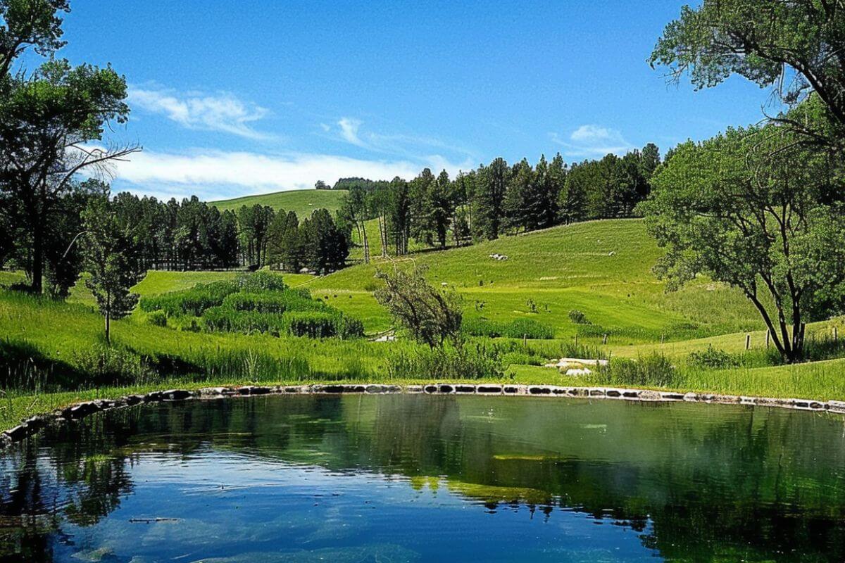 The Gigantic Warm Spring pool in Montana amid a lush, green landscape