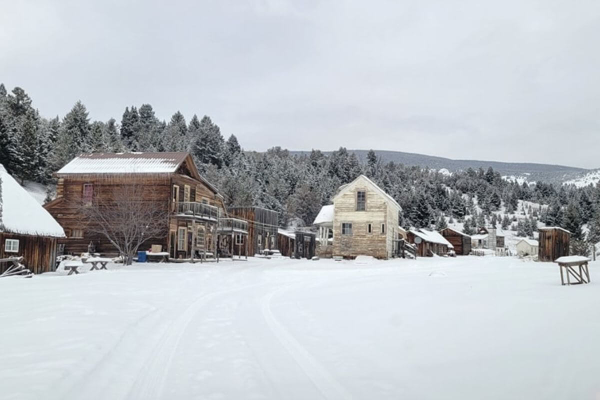 Gunslinger Gulch, a ghost-town-turned-guest-ranch, in Deer Lodge County, Montana, as seen during wintertime