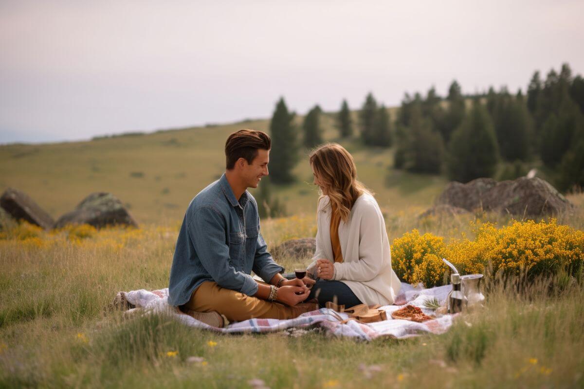 A couple having a picnic in the middle of a field during their Montana honeymoon.
