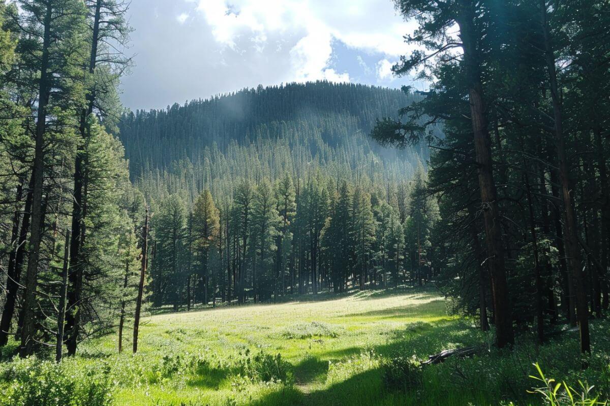 The trail to Fox Meadow from History Rock features tall and a forested hill under partly cloudy Montana skies.