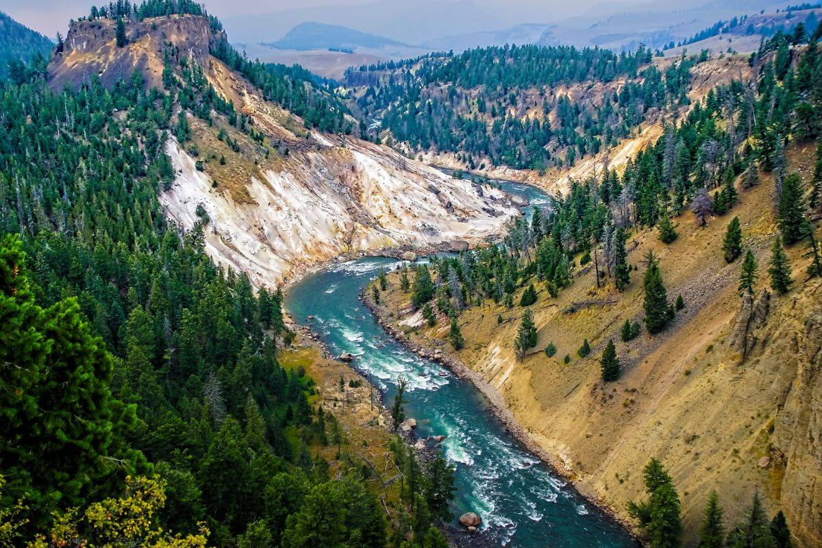 An aerial view of the Yellowstone River in Montana with mountains and trees surrounding it.