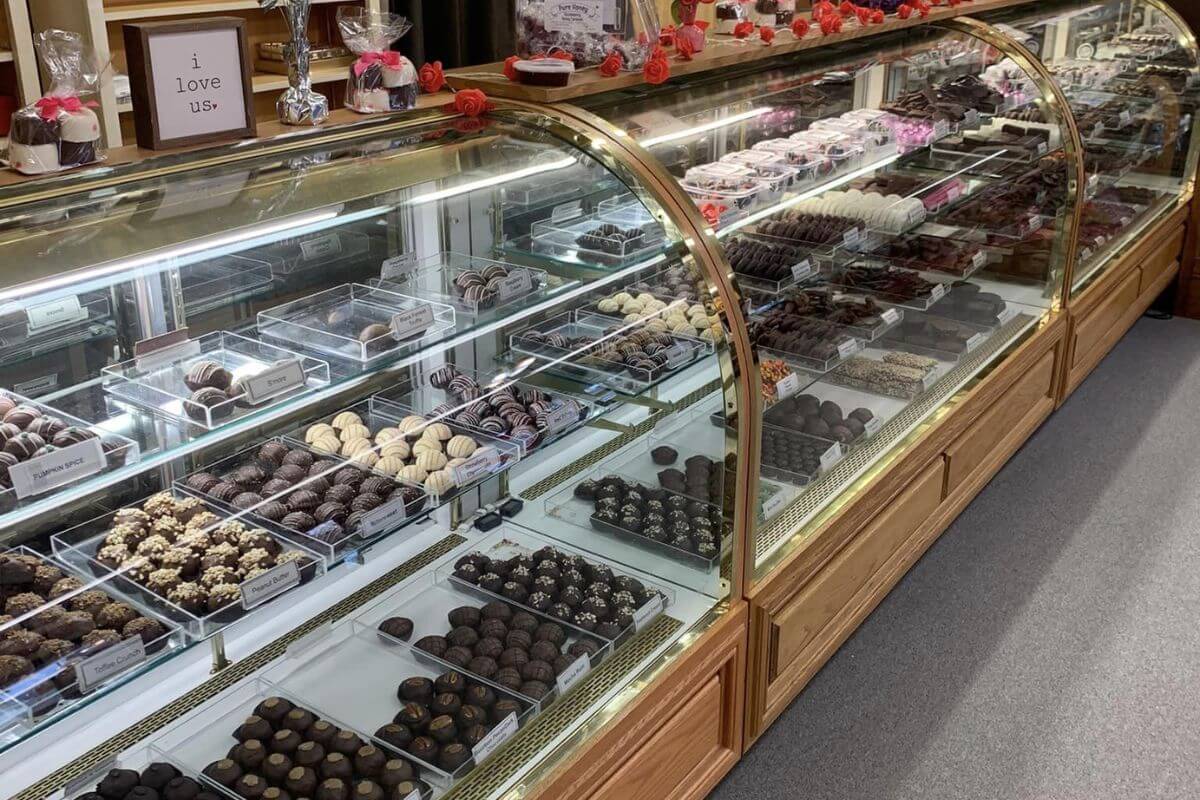 A display of assorted chocolates and sweets at Old West Candy Store, the first stop on a Montana chocolate road trip adventure.