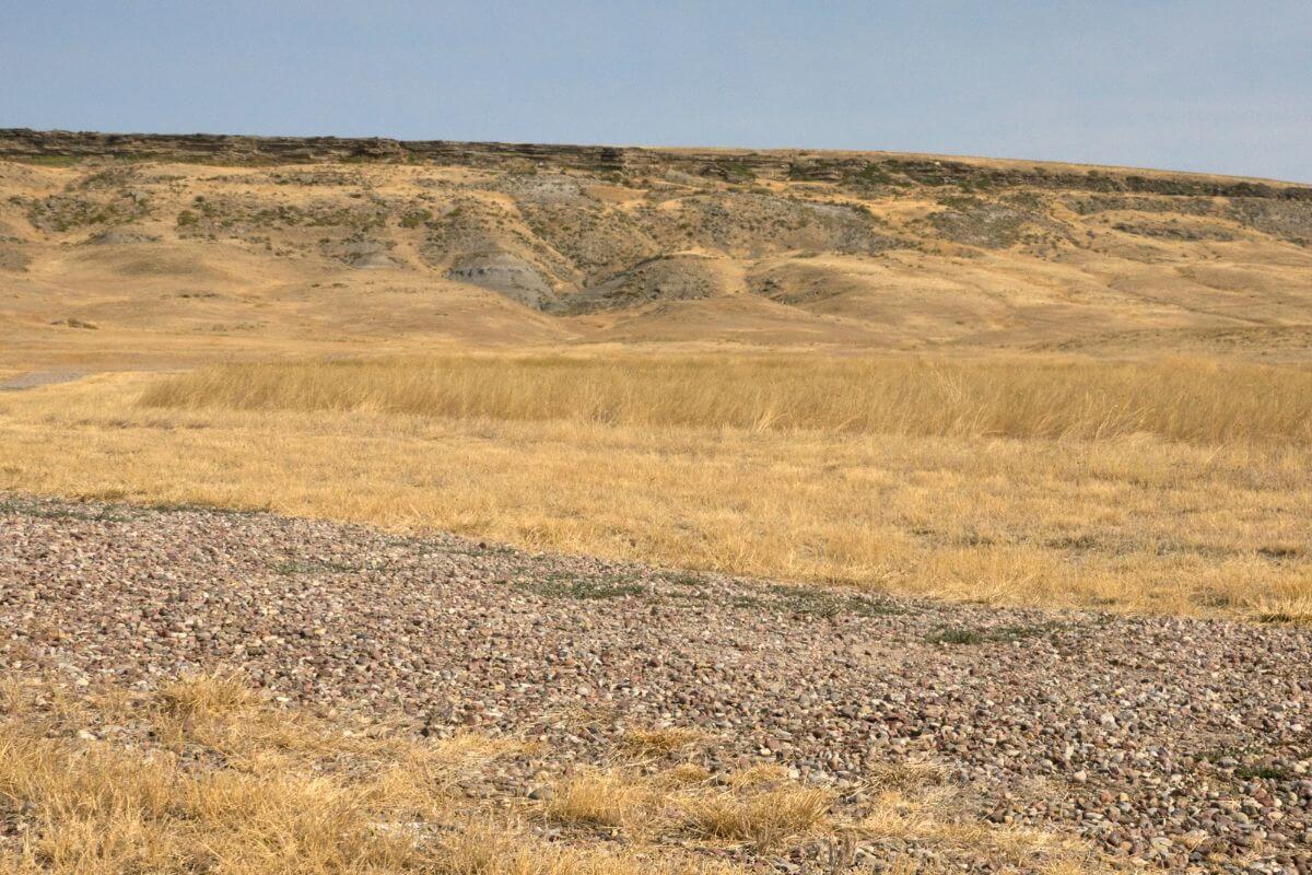 A dry, barren landscape with grasslands and a hill in Great Falls, where the Montana Range Tour took place.