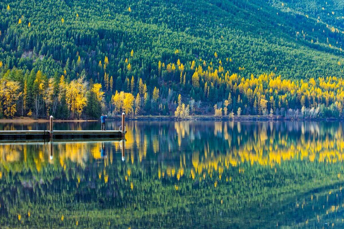 A lake in Montana with trees reflected in the water.