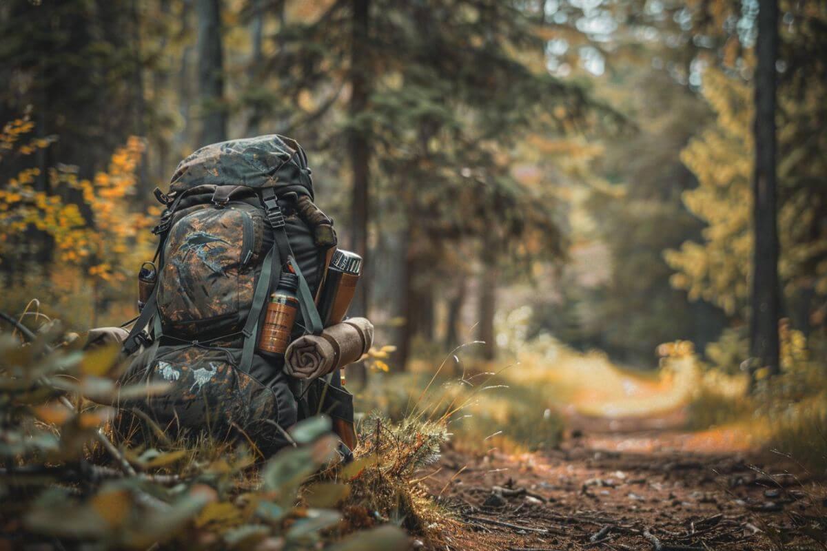 A pack of whitetail hunting gear and supplies sits along a trail in a wooded area in Montana.