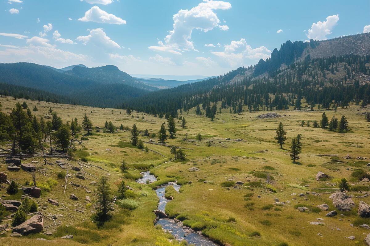 An aerial view of a grassy meadow with mountains in the background at Yogo Gulch, Montana.