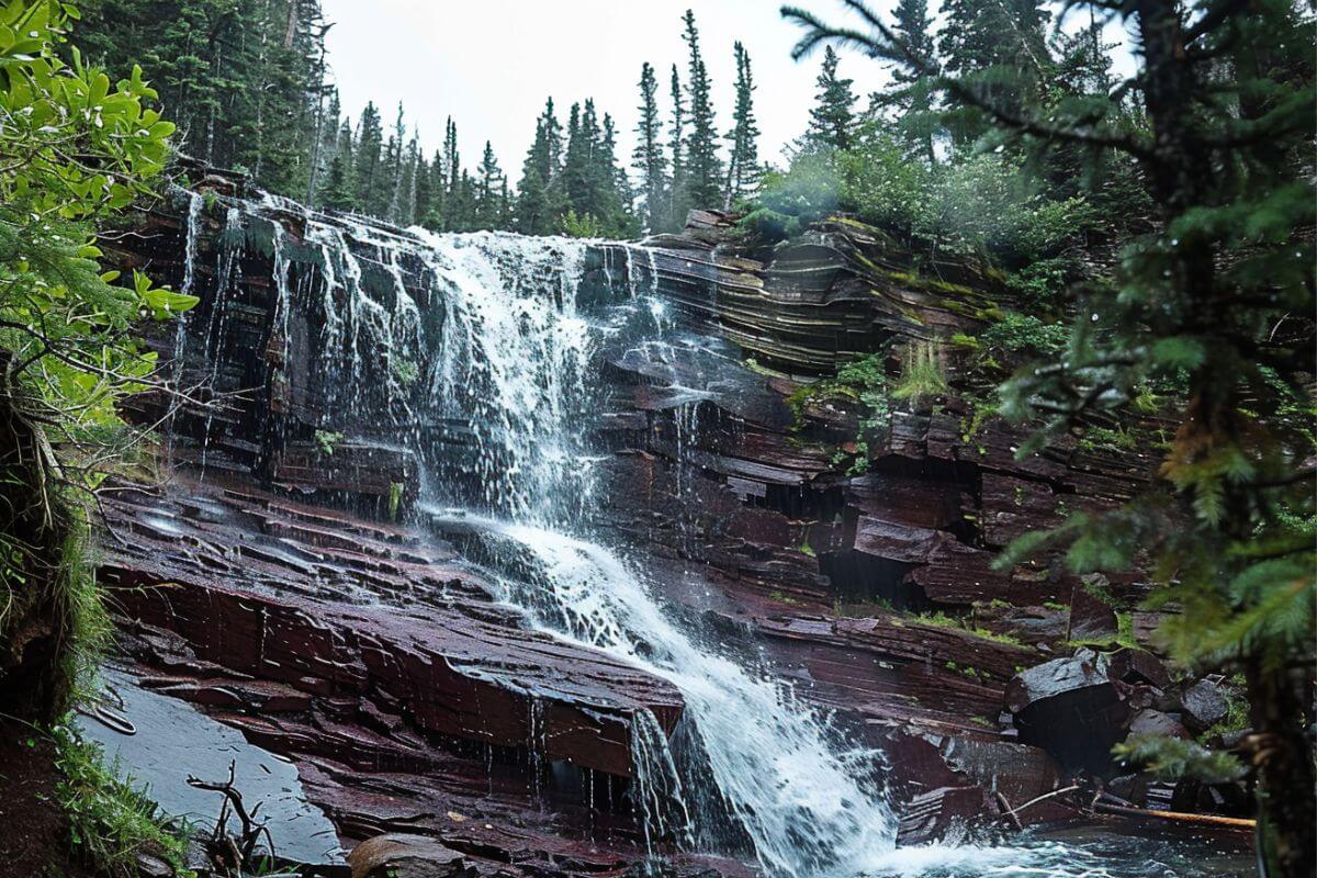 Ptarmigan waterfall cascades over reddish-brown rocks surrounded by green pine trees under an overcast sky.