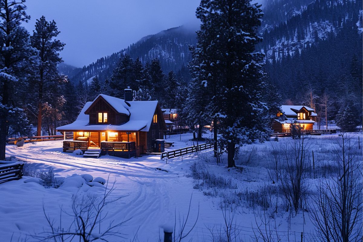 A cabin is lit up at night in the snow in Montana.