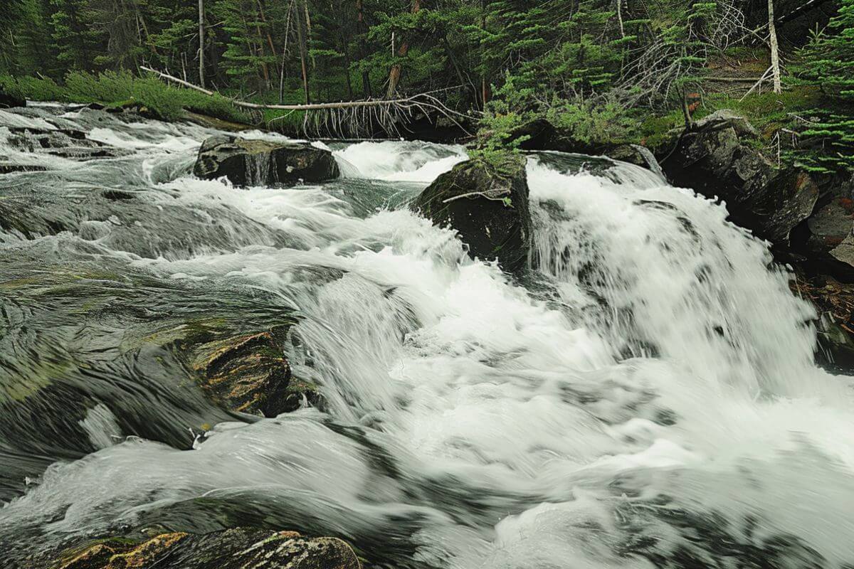 The rushing waters of Sentinel Falls cascade over large rocks in an evergreen forest in Montana.