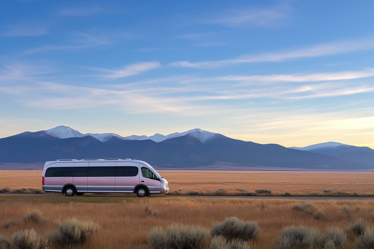 A shuttle in Montana drives on the road in the middle of a field with mountains in the background.