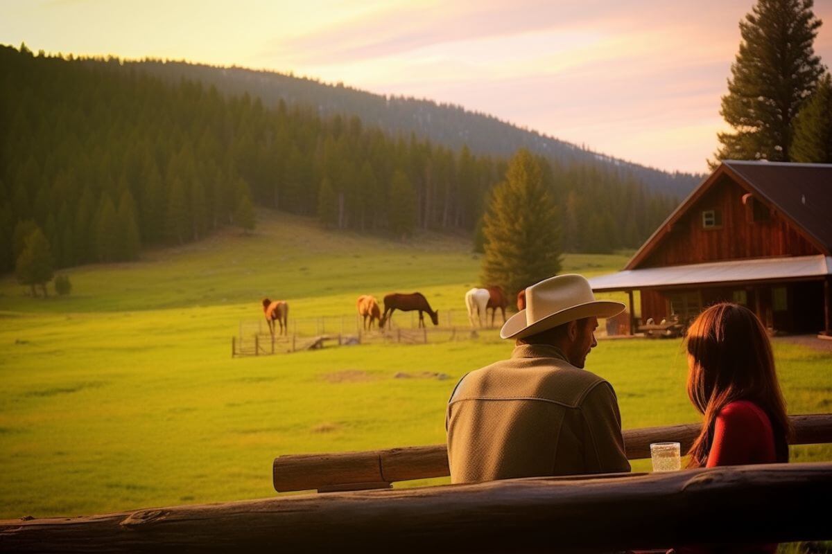 A couple shares a romantic moment by the fence, soaking in the view of horses, mountains, and the barn where they are vacationing in Montana.