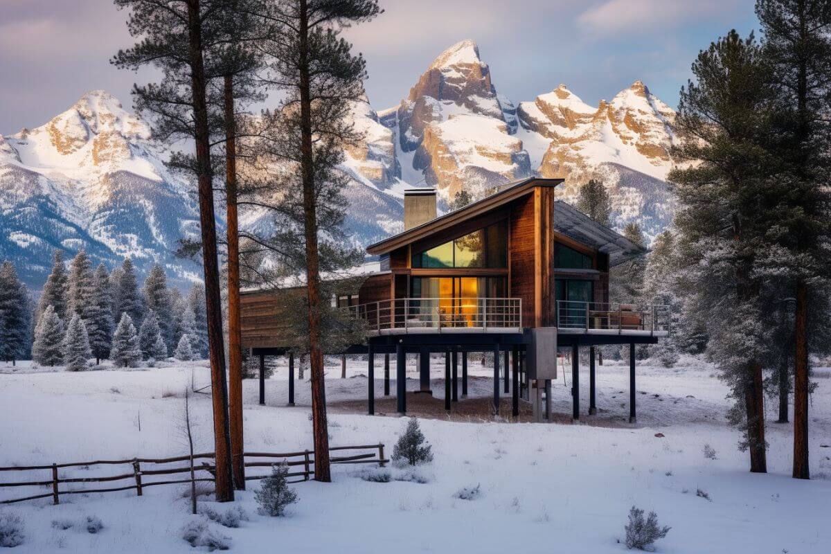 A beautiful lodge amid a snowy Montana landscape.
